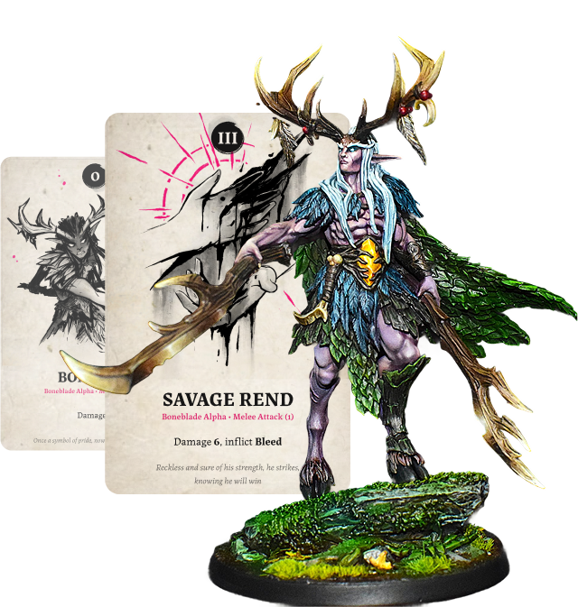 Painted Boneblade model with 2 cards for the Boneblade behind him
