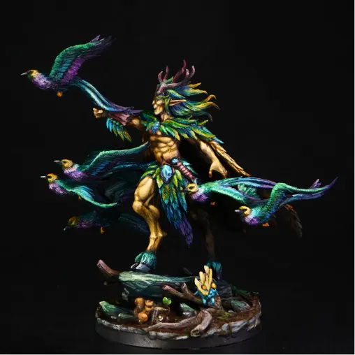 Painted miniature figurine of a muscular humanoid figure adorned with colorful feathers and antlers, surrounded by five vibrant birds in flight, standing on a round base decorated with branches and leaves.