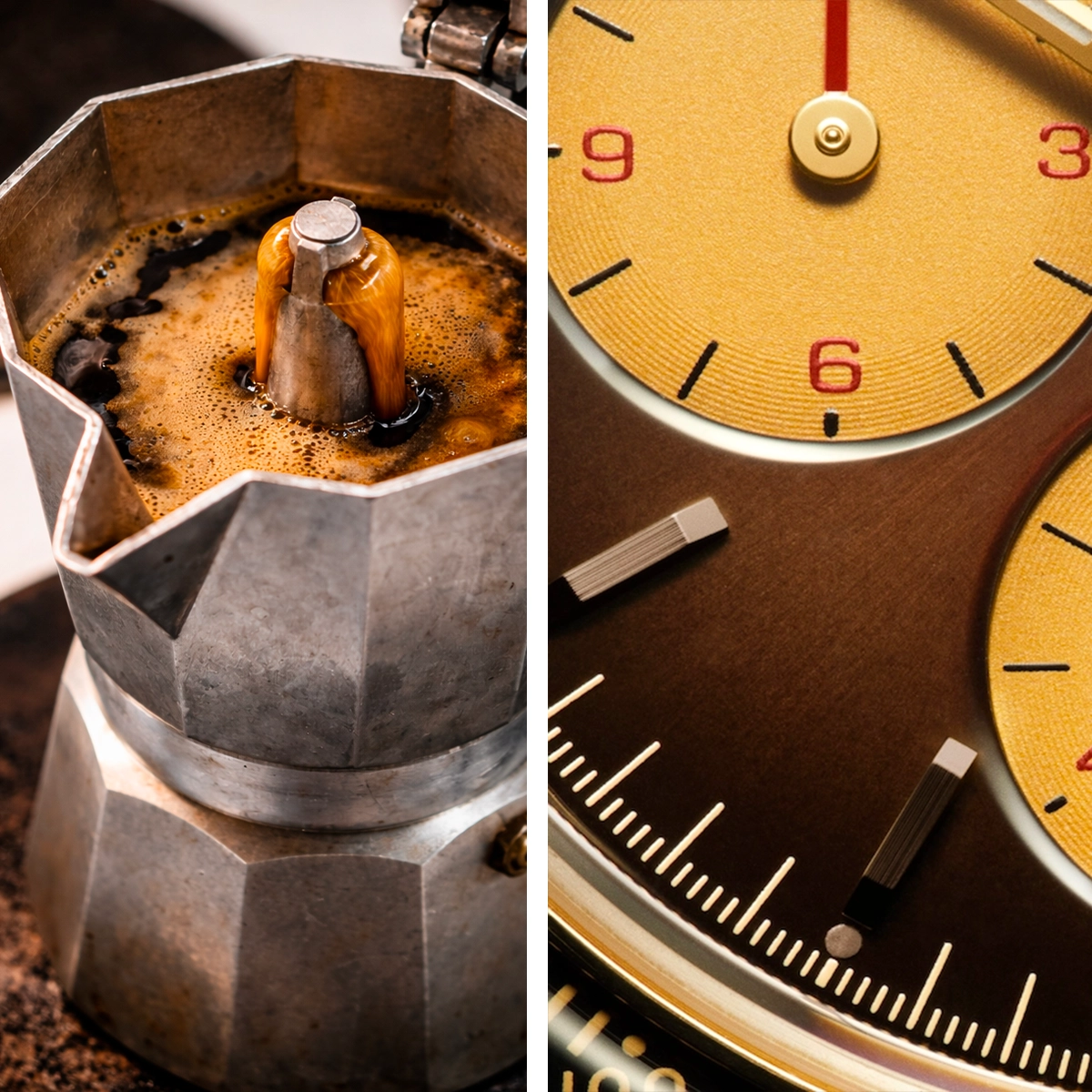 Close-up of coffee brewing in a moka pot alongside a detailed macro shot of a vintage watch dial with yellow subdials and red numerals.