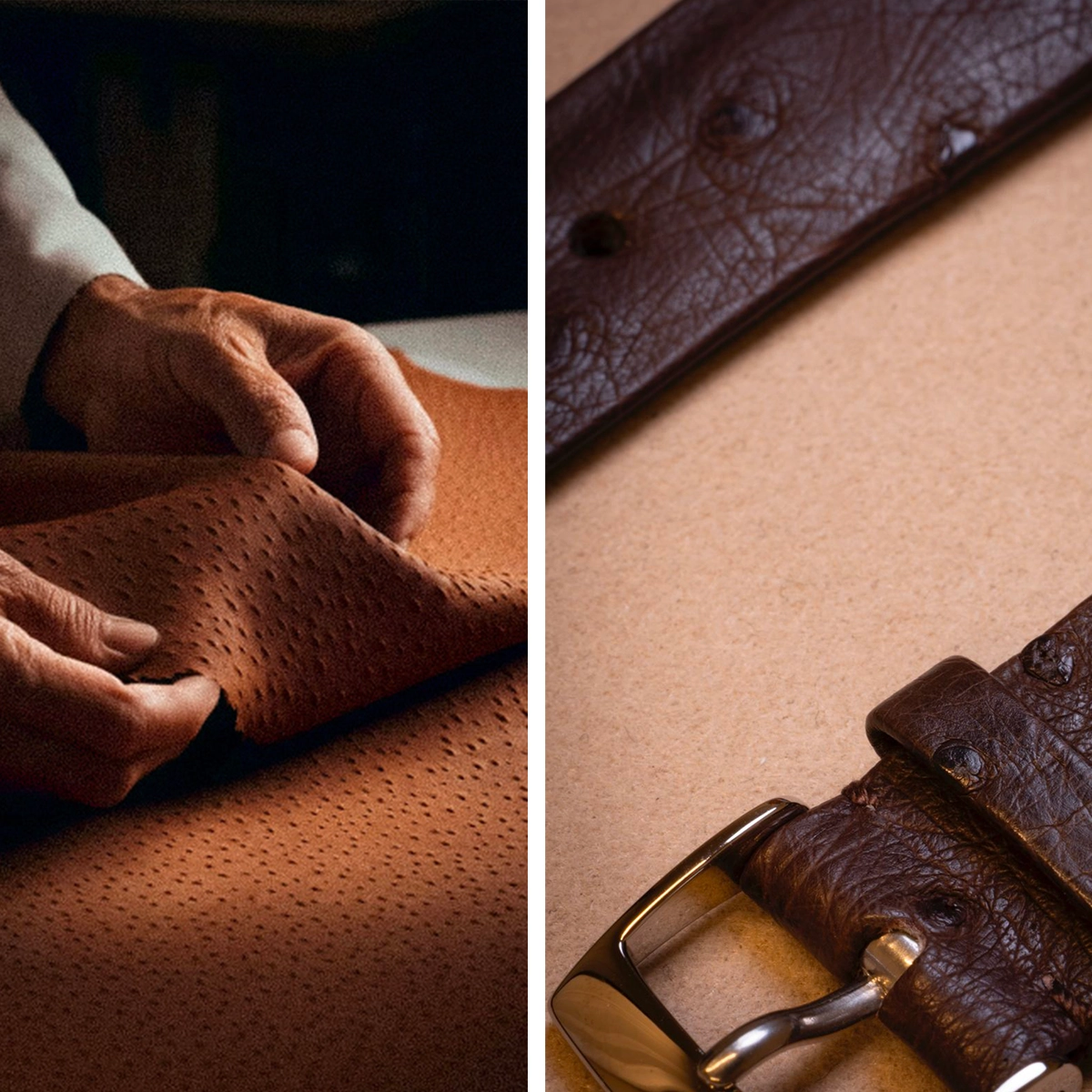 Close-up of hands examining textured brown leather on the left and a dark brown leather watch strap with a metal buckle on the right.