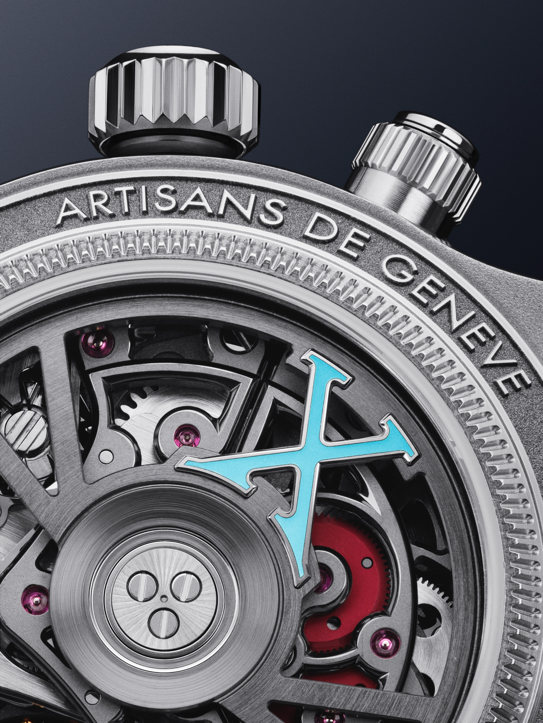Close-up of a luxury watch movement with 'ARTISANS DE GENEVE' engraved and a turquoise X-shaped rotor.