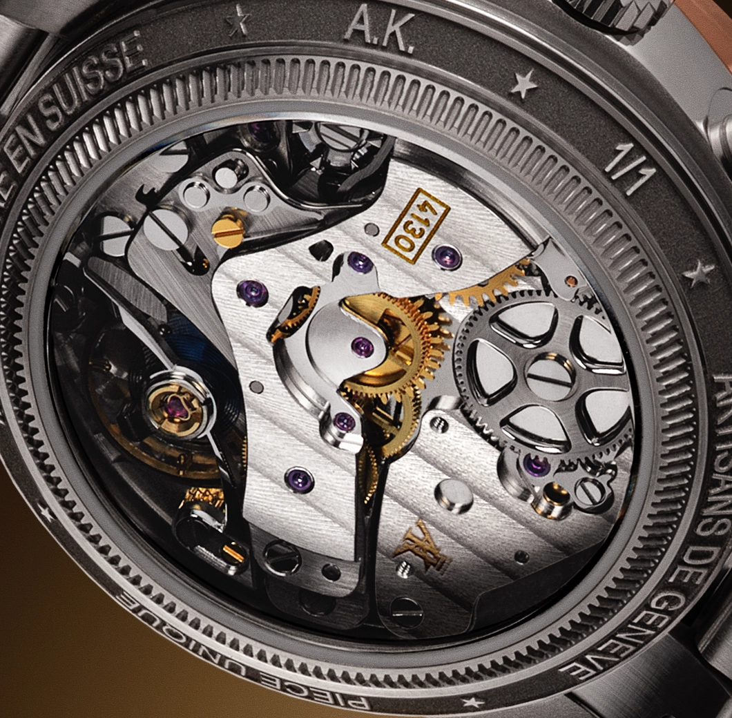 Close-up of the intricate mechanical movement of a luxury wristwatch with visible gears and jewels.