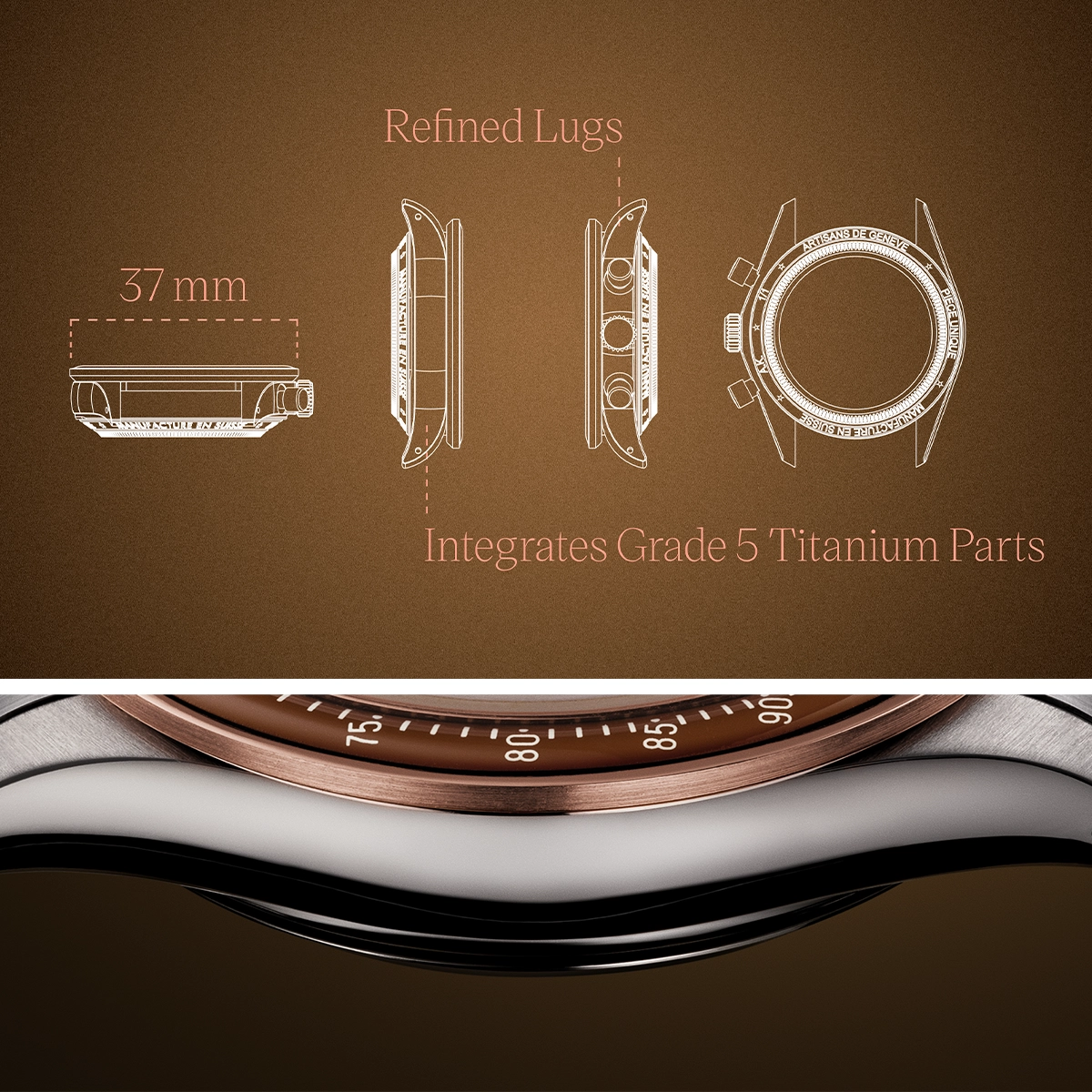 Technical drawings and side view photo of a 37mm watch case with refined lugs, integrating Grade 5 titanium parts.