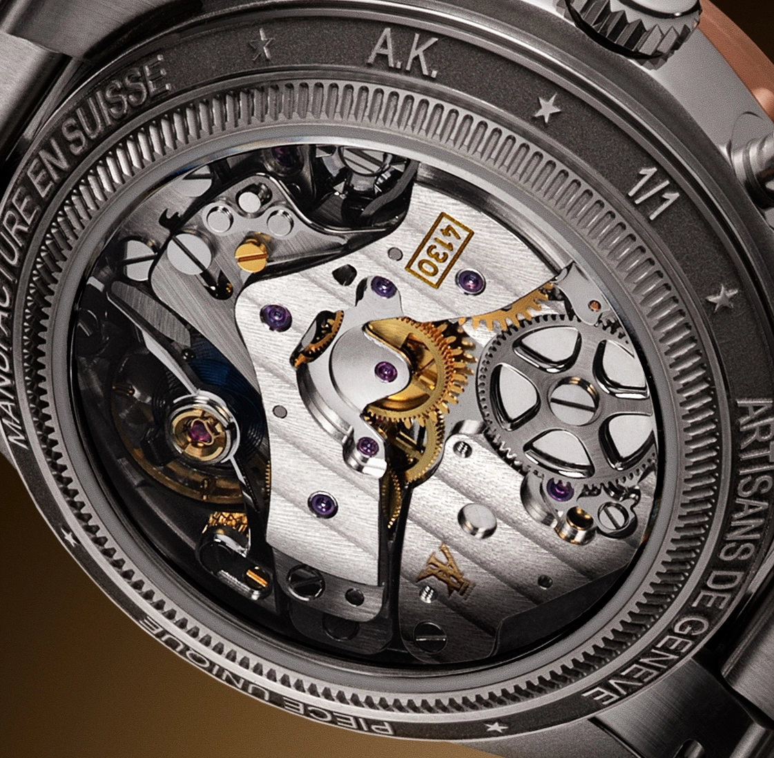 Close-up of a high-end mechanical watch movement showcasing intricate gears, screws, and jewel bearings inside a stainless steel case back.