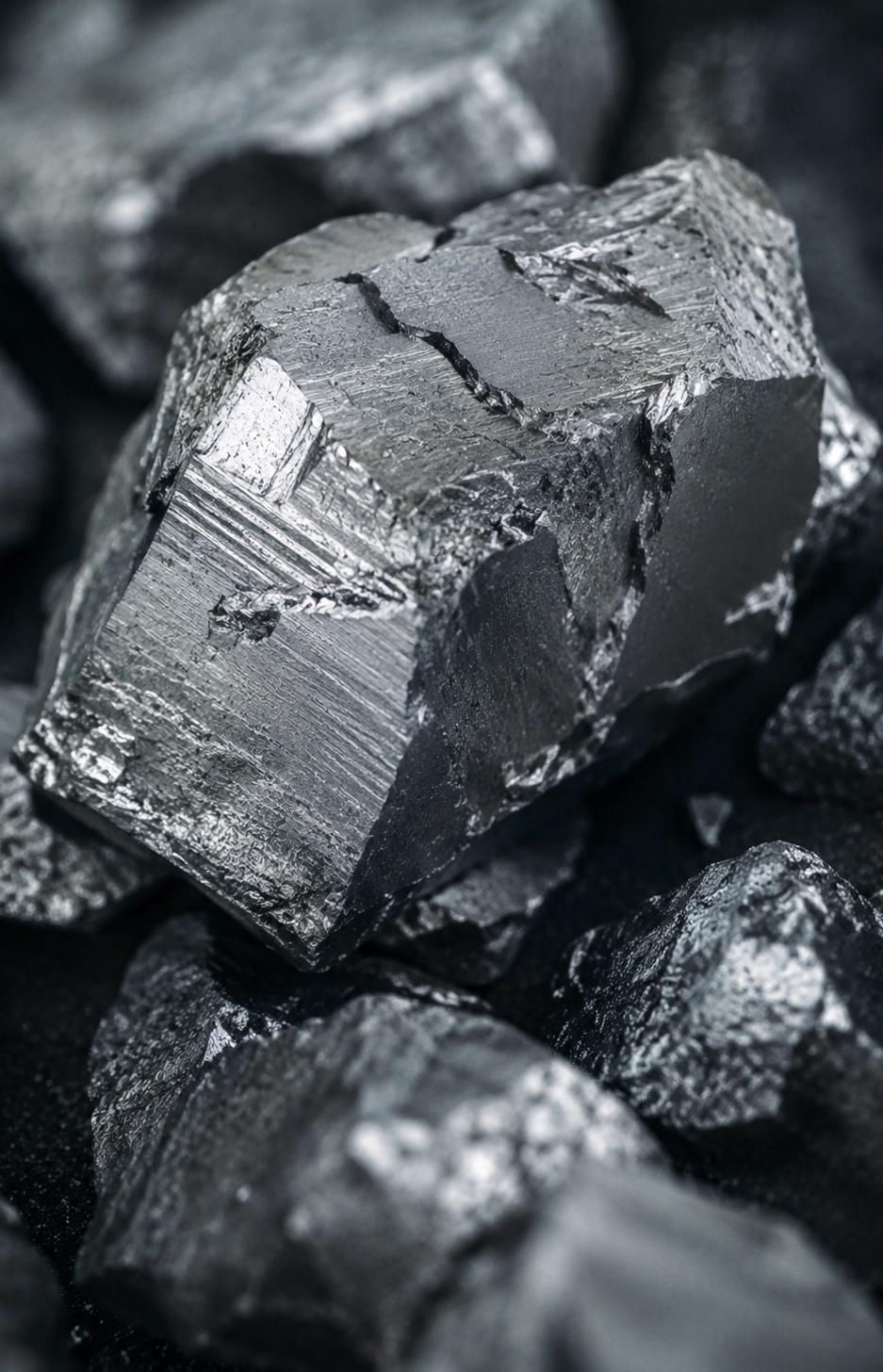Close-up of shiny metallic gray titanium metal chunks with rough, angular surfaces.