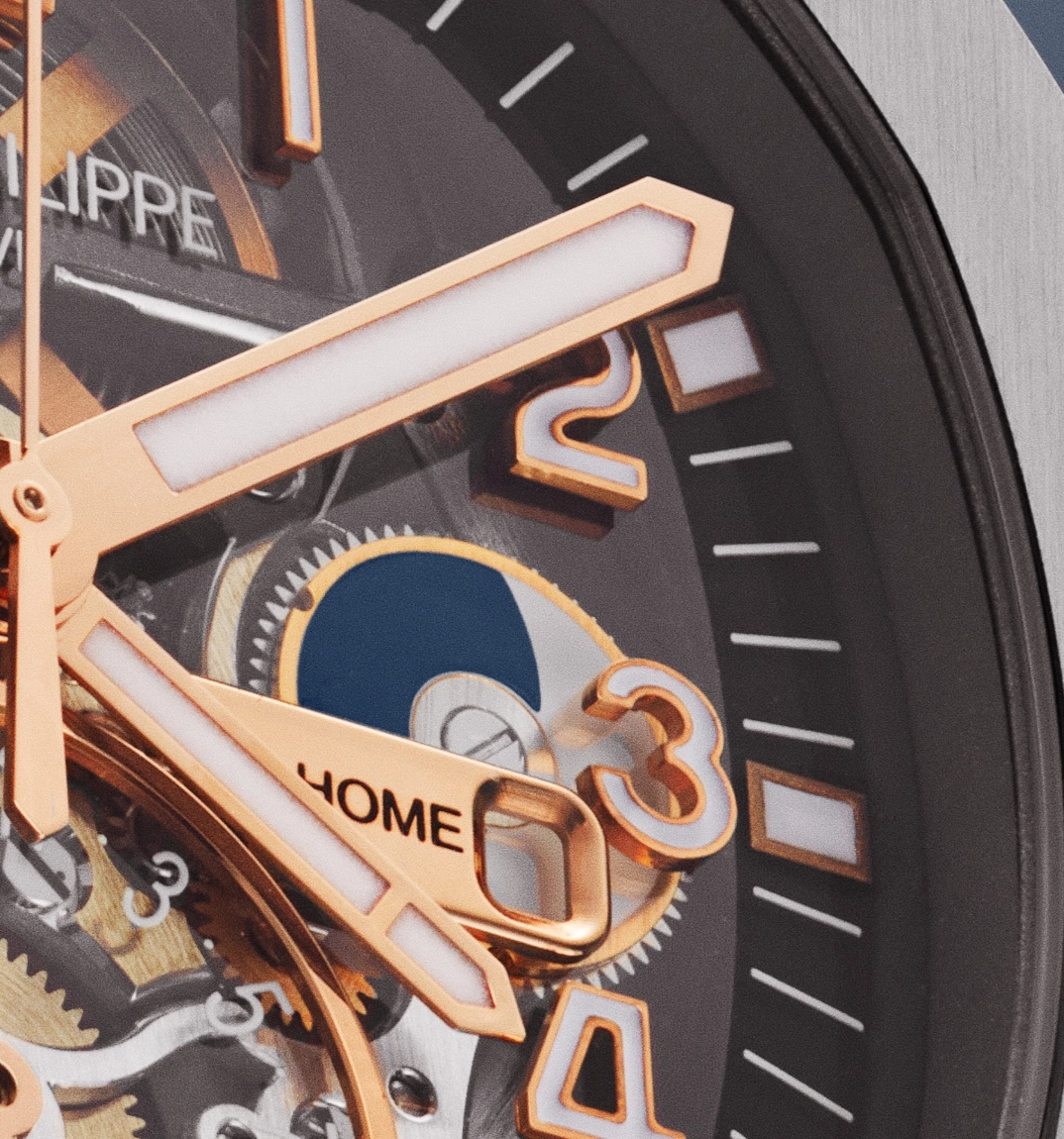Close-up of a luxury watch face showing rose gold hands and numbers with a moonphase indicator.