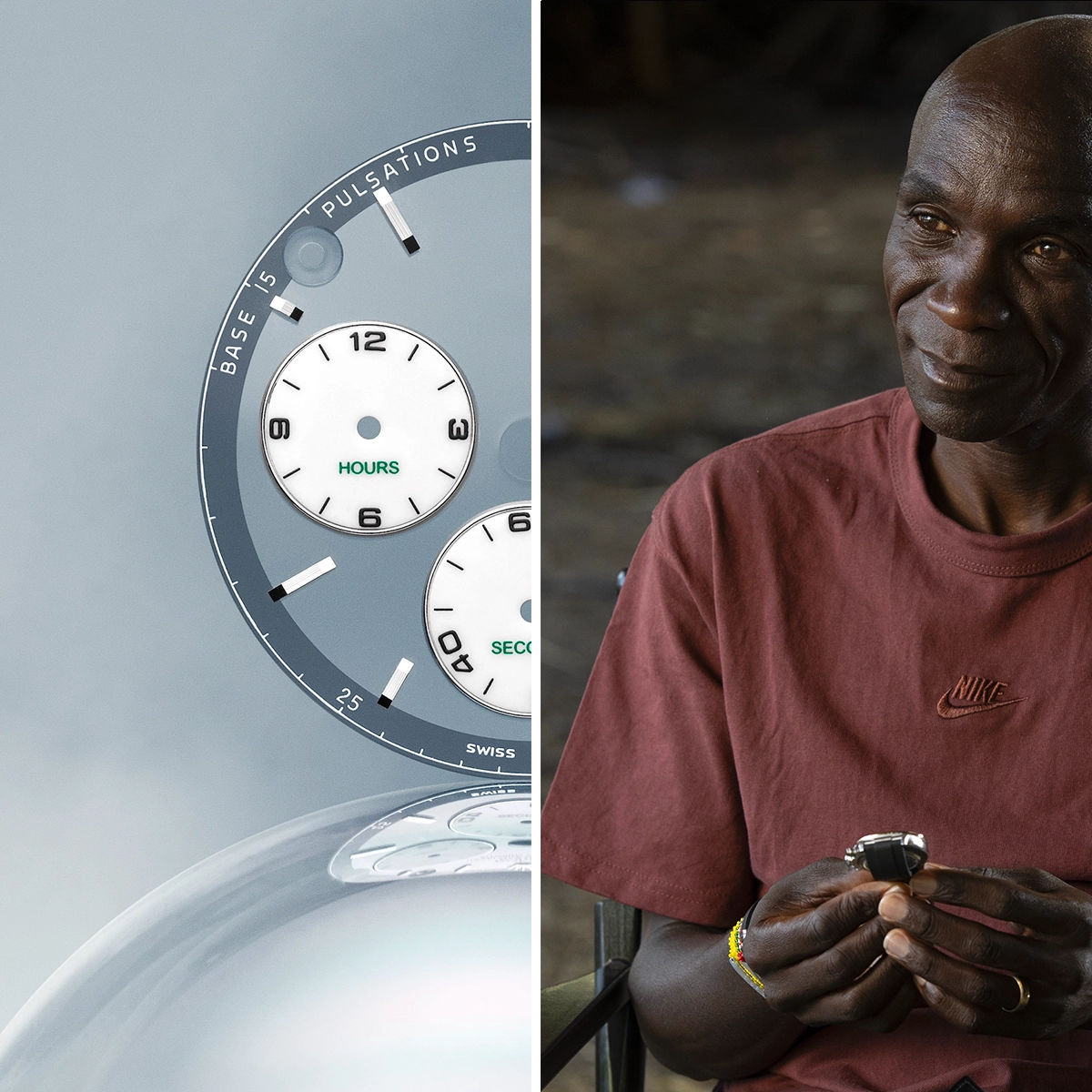 Split image showing a close-up of a watch dial with pulsation and hour markers on the left, and a man wearing a red Nike shirt smiling while holding a watch on the right.