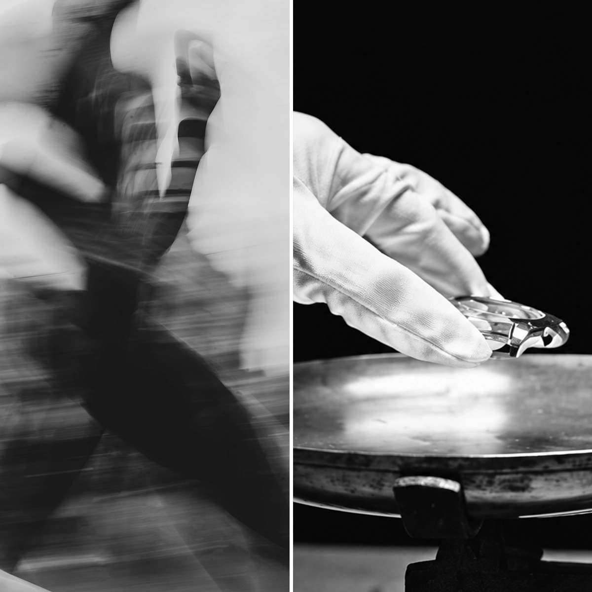 Split black and white image: left side shows a blurred figure in motion with an outstretched hand, right side shows a gloved hand carefully placing a watch case on a metal surface.