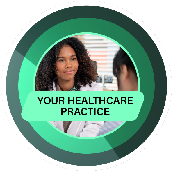 Doctor with curly hair listens attentively to a patient in a clinical setting, labeled Your Healthcare Practice.