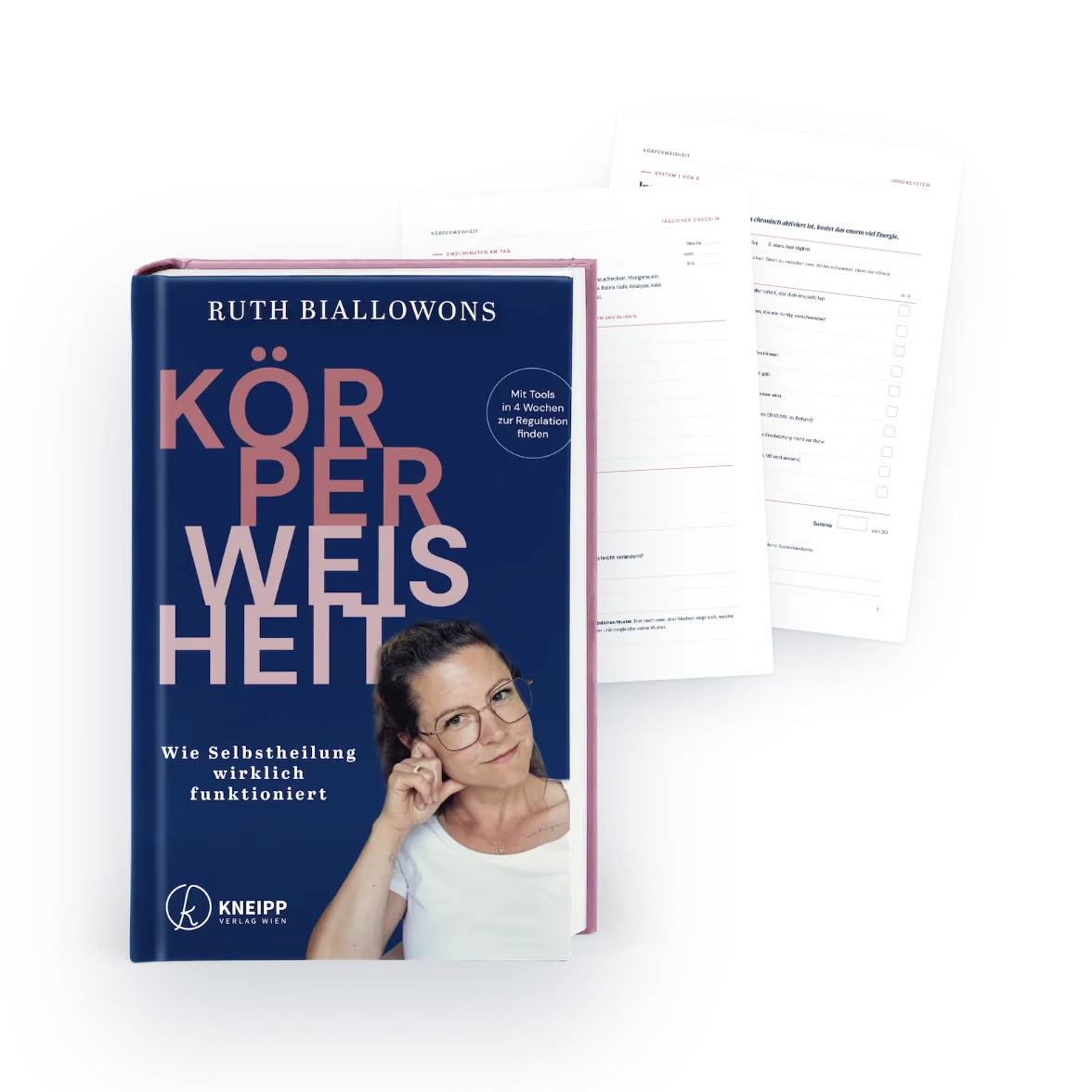Das Buch Körperweisheit von Ruth Biallowons mit zwei Vorlagen daneben
