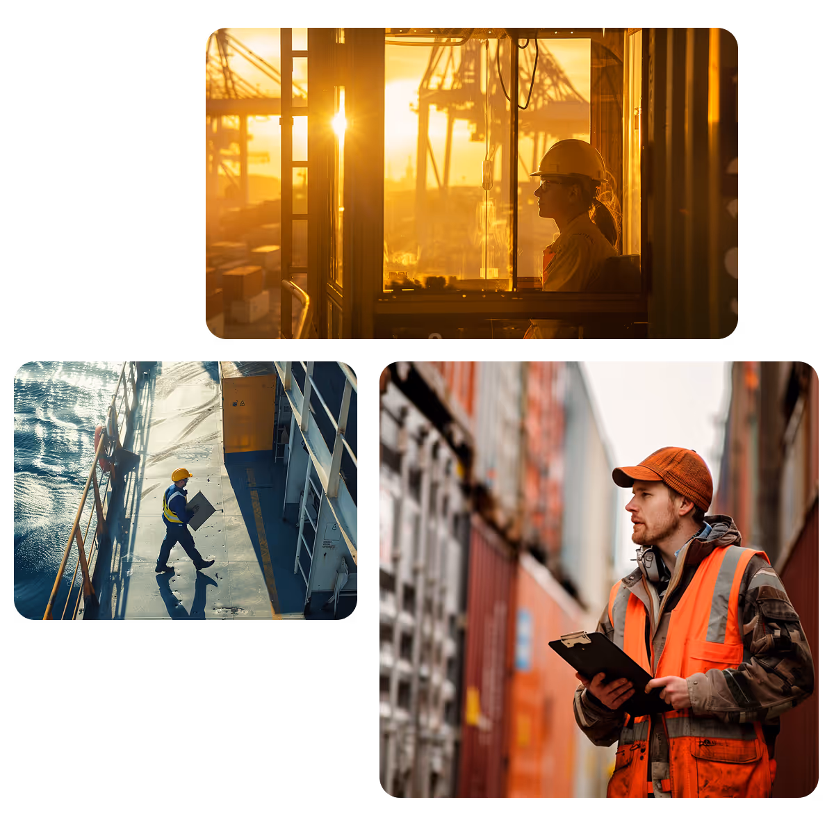 Collage of maritime workers: a port operator inside a crane cabin at sunset, a worker walking along a ship deck with safety gear, and a logistics worker inspecting containers with a clipboard