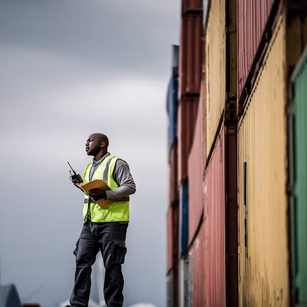 Male port worker holding a clipboard and radio while inspecting cargo containers at a shipping yard