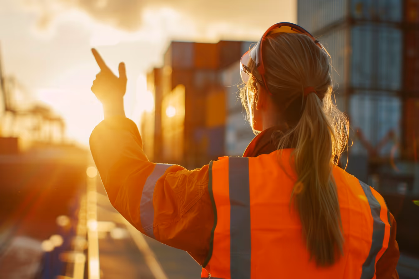 Female port worker in high-visibility gear pointing toward stacked shipping containers at sunrise
