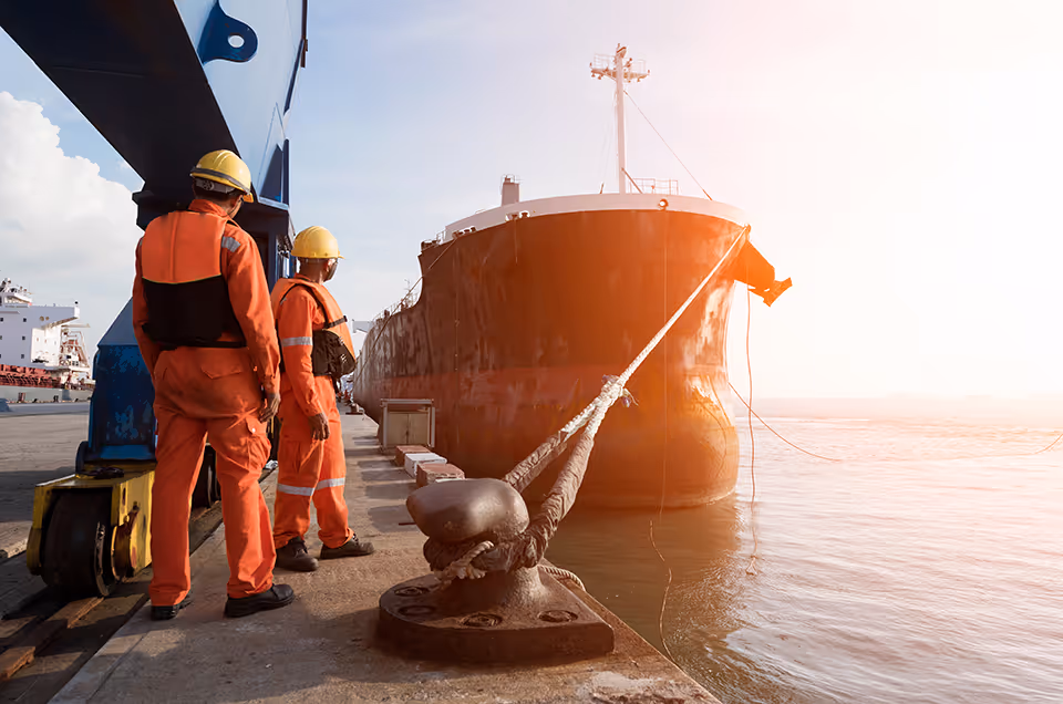 Maritime workers in safety gear standing on a dock beside a large cargo ship being secured with heavy mooring ropes.