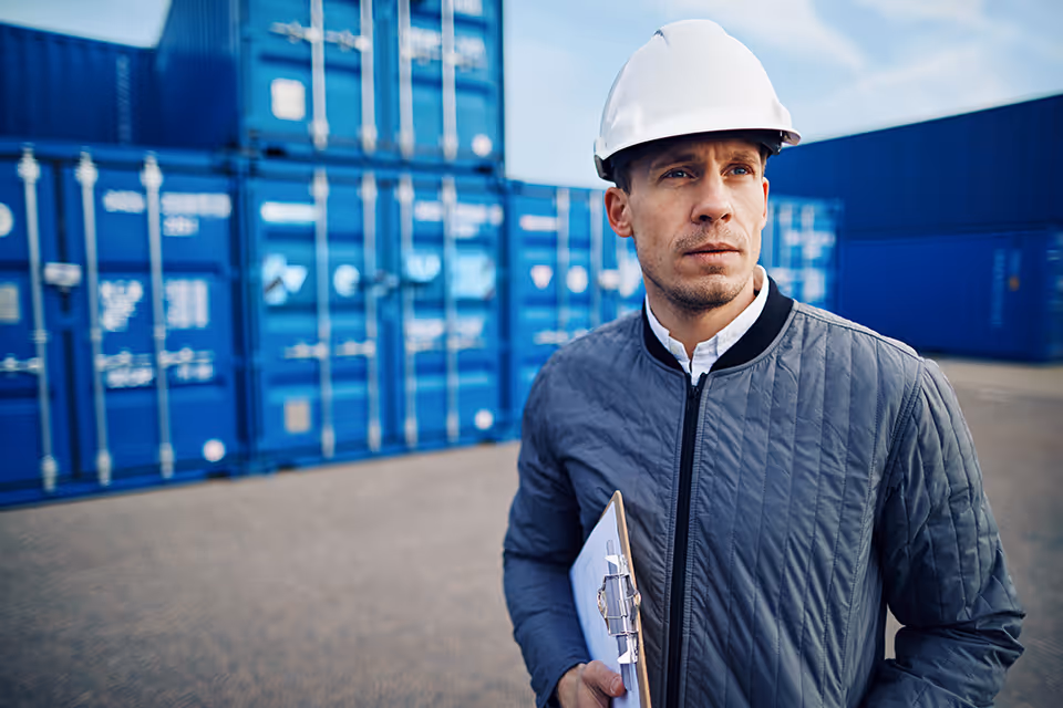 Male port worker wearing a hard hat and holding a clipboard, standing in front of stacked blue shipping containers.