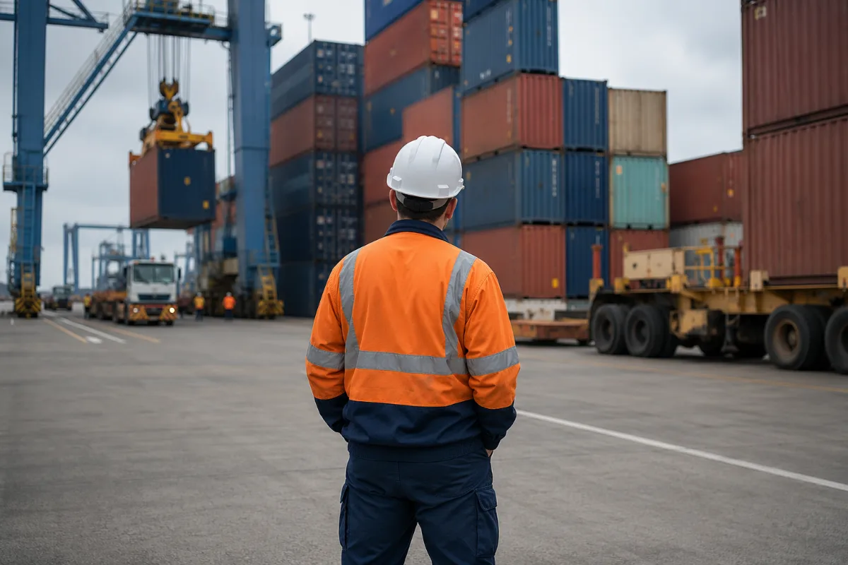 Stevedore in hi-vis and a hard hat at an Australian container terminal, with stacked shipping containers and a gantry crane behind