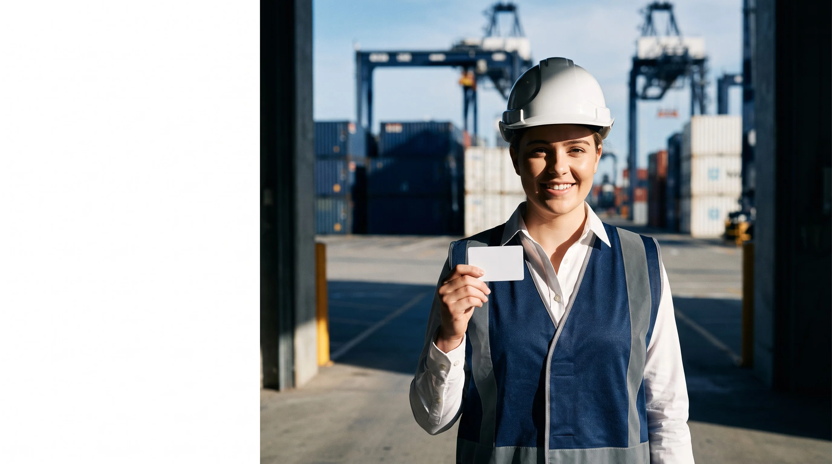 A young worker in a hi-vis vest and hard hat holding an identity card at a container port entrance.