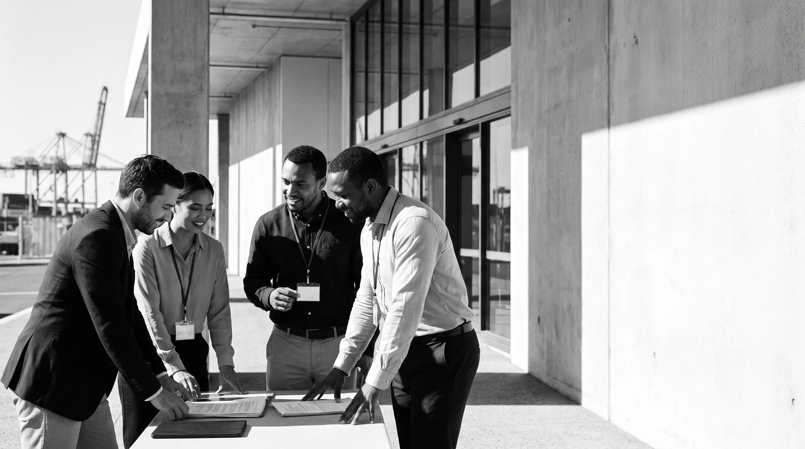 A small group of workers reviewing documents together at a modern port facility entrance.