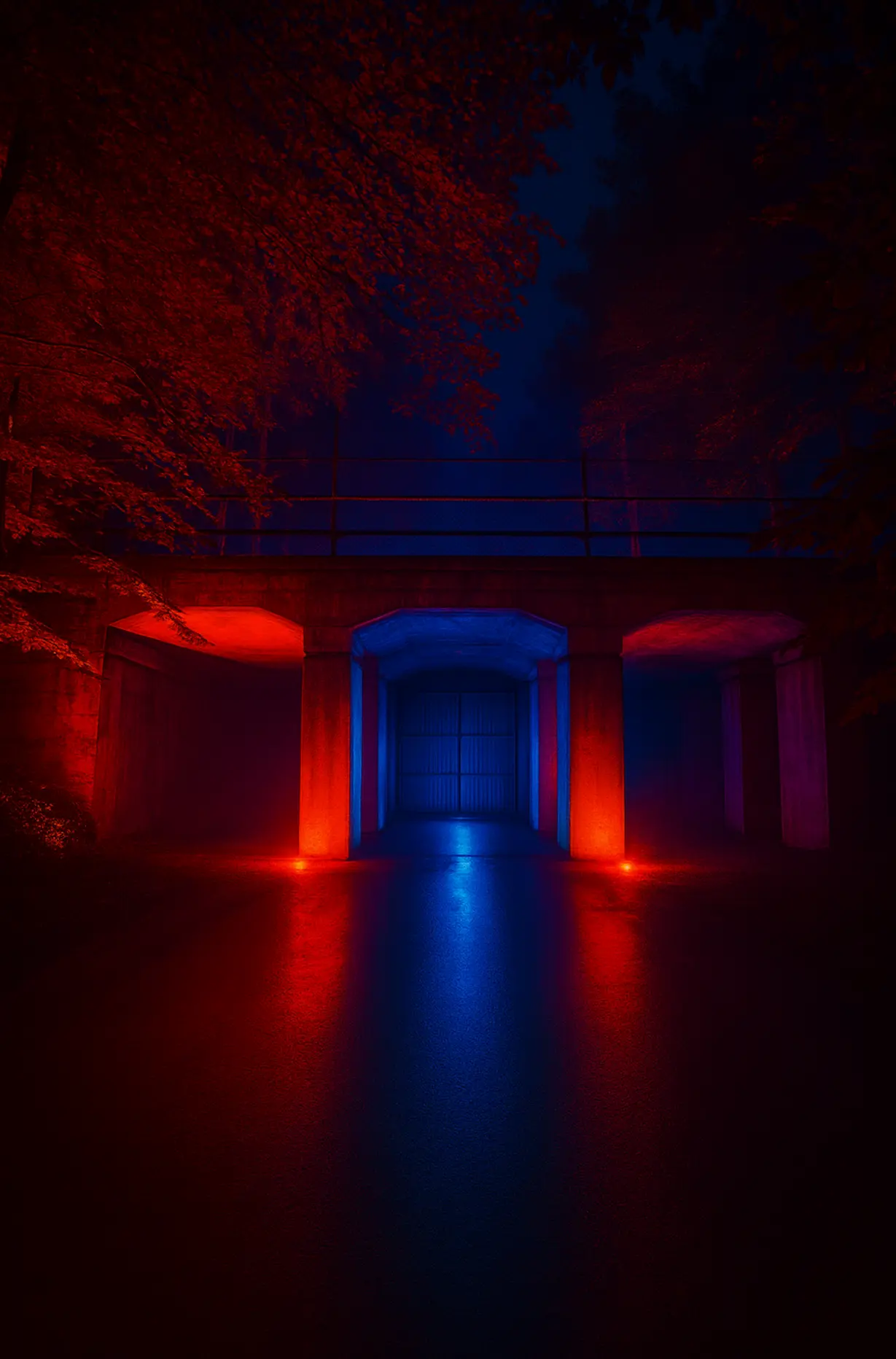 Bridge with blue and red lights.