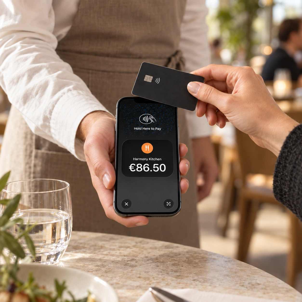 A guest taps a bank card on a waiter’s iPhone showing a €86.50 contactless payment