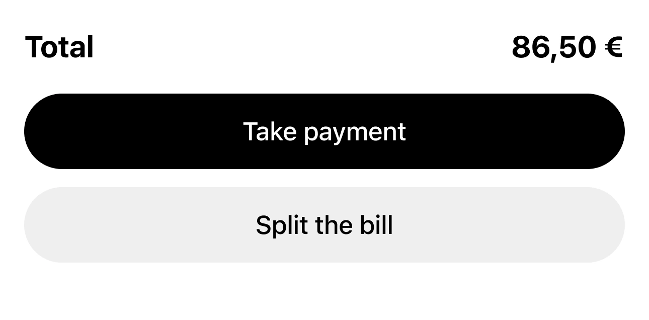GlobalTips bill with Take payment and Split the bill options