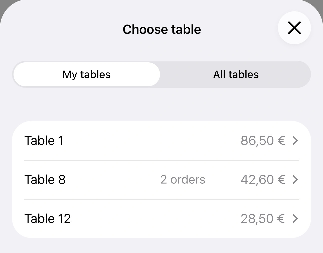 Choose table in GlobalTips, with the order and bill linked to the table
