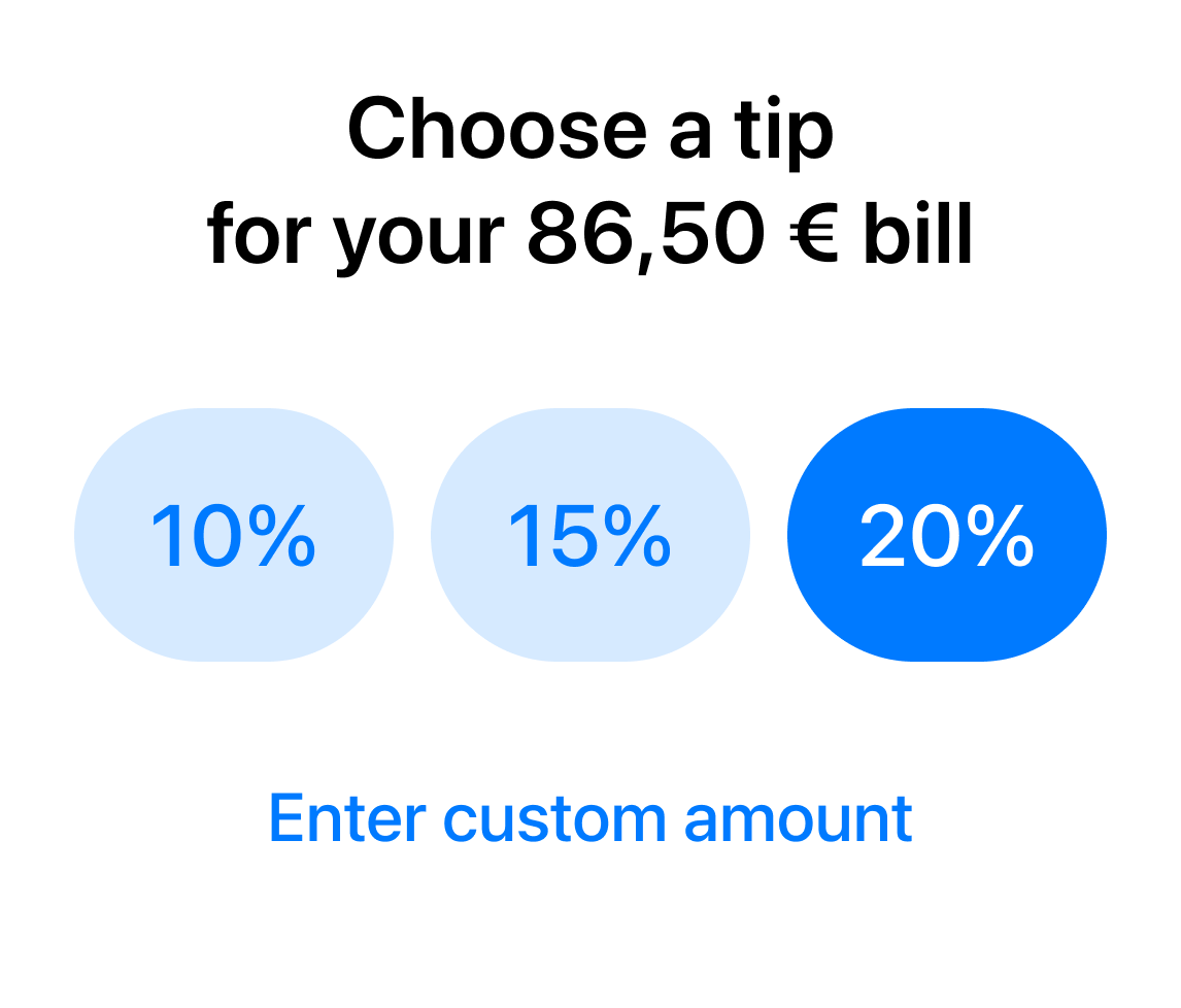 Suggested tip amounts and custom tip entry in the payment flow