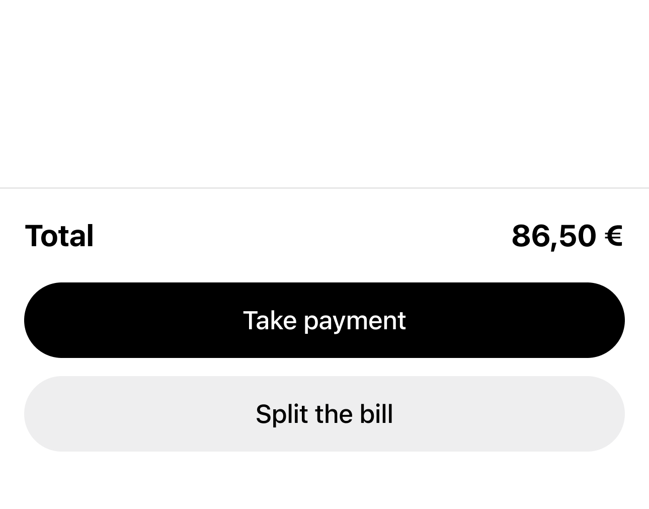 GlobalTips bill with Take payment and Split the bill options