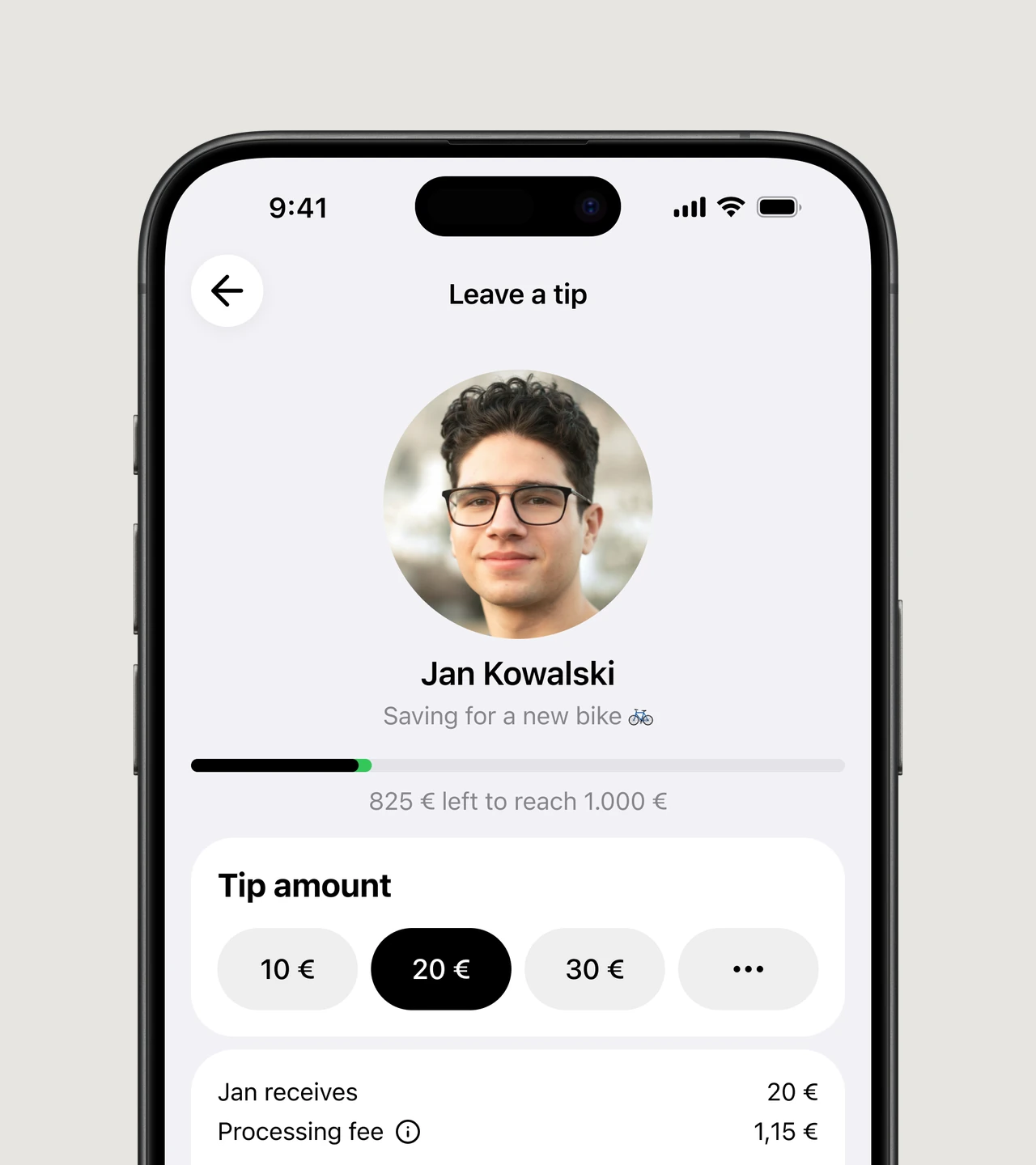 Personalised guest tip page for Jan Kowalski with a photo, savings goal and tip amounts
