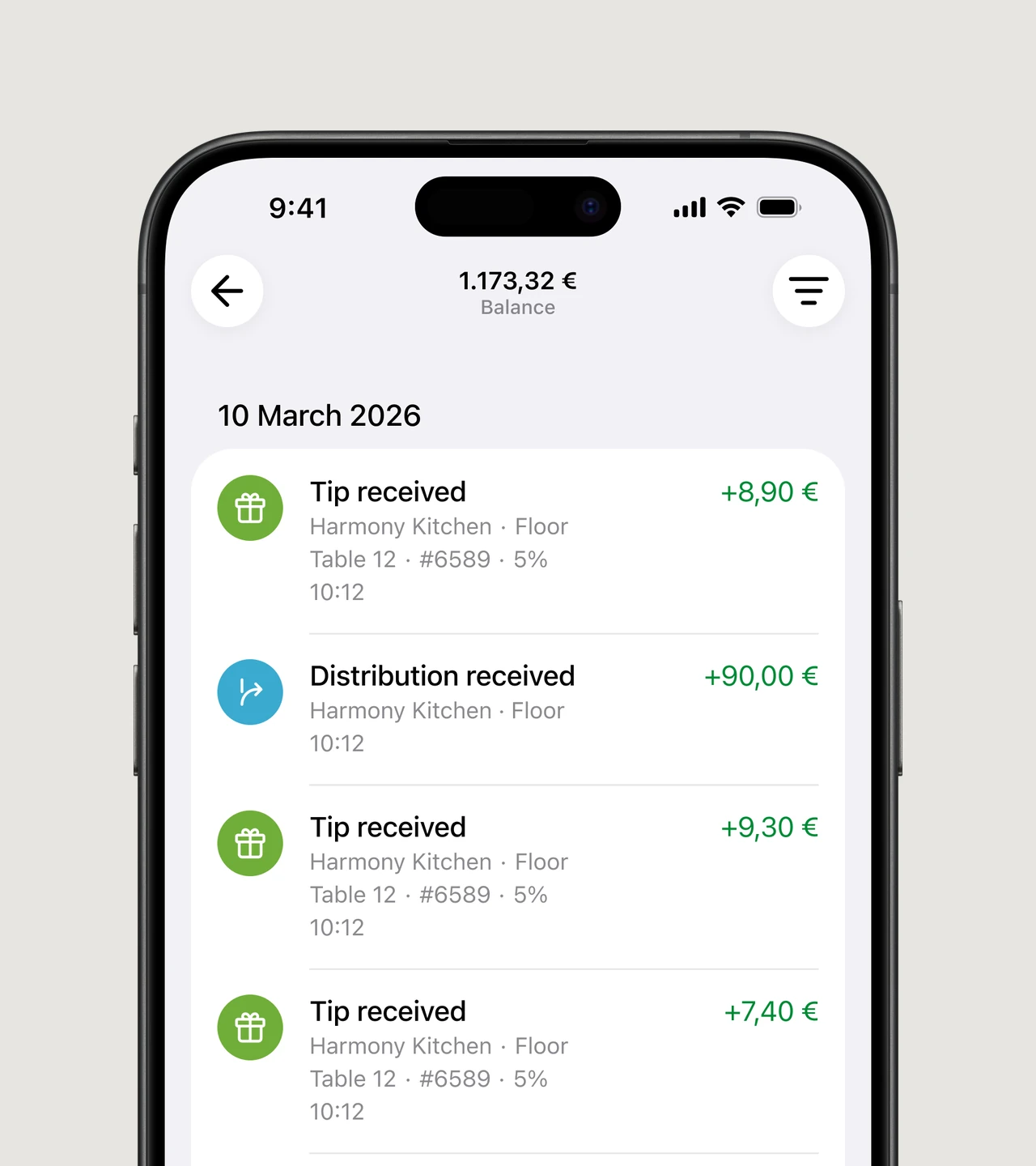 Staff App history with tips received at Harmony Kitchen, a distribution and a withdrawal