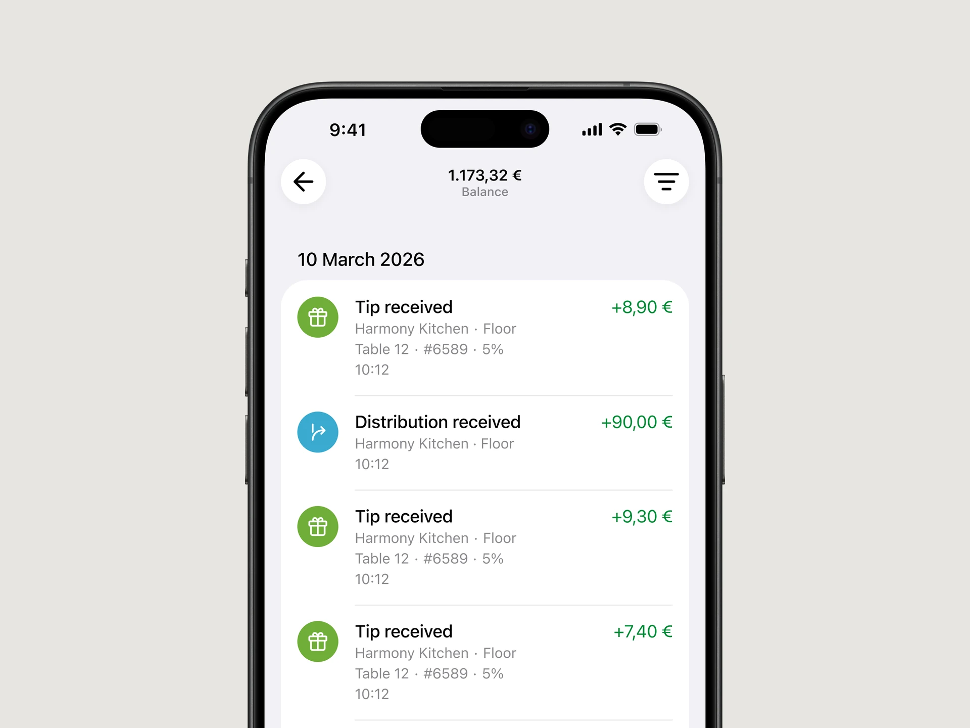 Staff App history with tips received at Harmony Kitchen, a distribution and a withdrawal