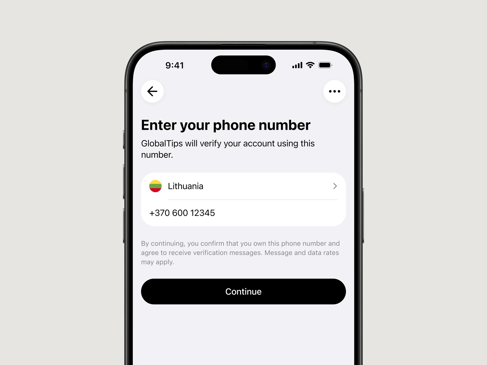 Staff App sign-up screen with a Lithuanian phone number entered and Continue ready