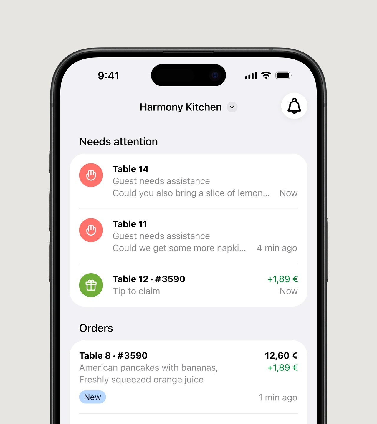 Staff App orders at Harmony Kitchen, with guest requests that need attention and open orders