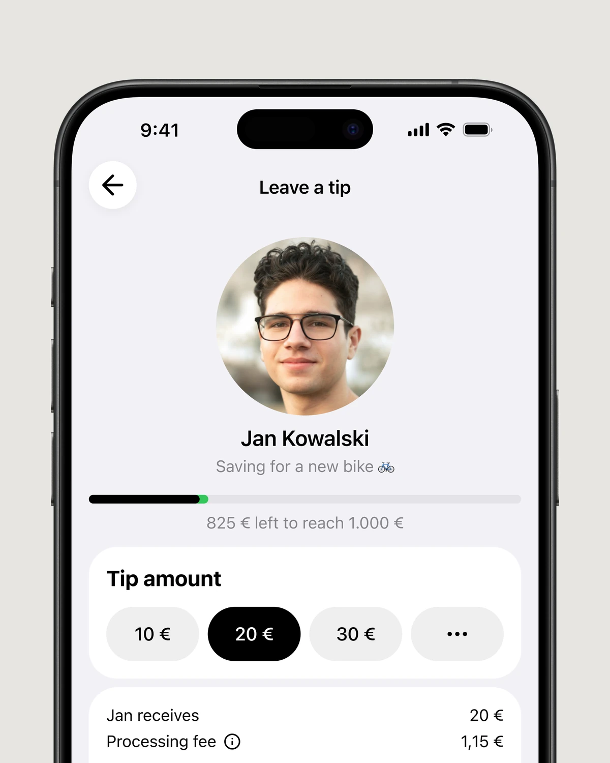 Personalised guest tip page for Jan Kowalski with a photo, savings goal and tip amounts