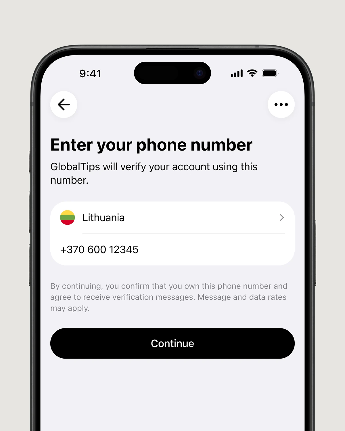 Staff App sign-up screen with a Lithuanian phone number entered and Continue ready