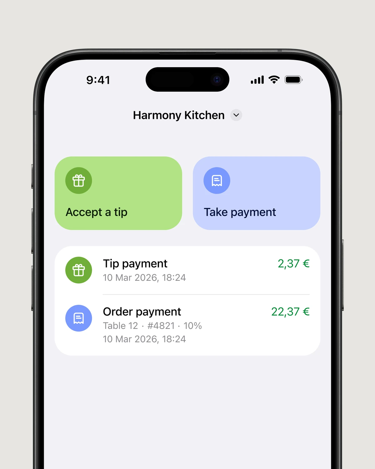 Staff App Terminal at Harmony Kitchen with Accept a tip and Take payment