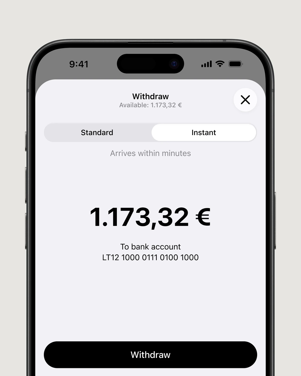 Withdraw screen with Standard and Instant payout options, 1.173,32 € and the bank account