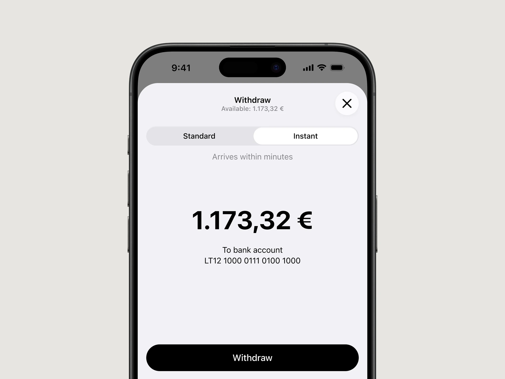 Withdraw screen with Standard and Instant payout options, 1.173,32 € and the bank account