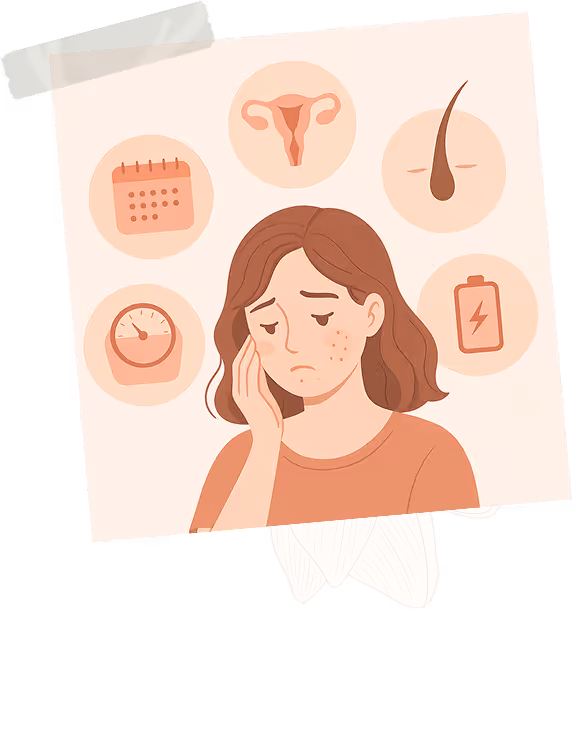 Illustration of a woman with the different symptoms of PCOS
