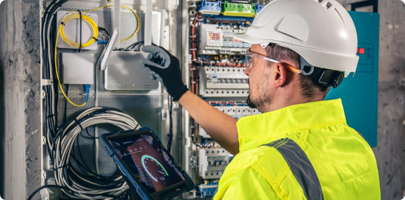 A man in a hard hat and safety gear working on an electrical panel.