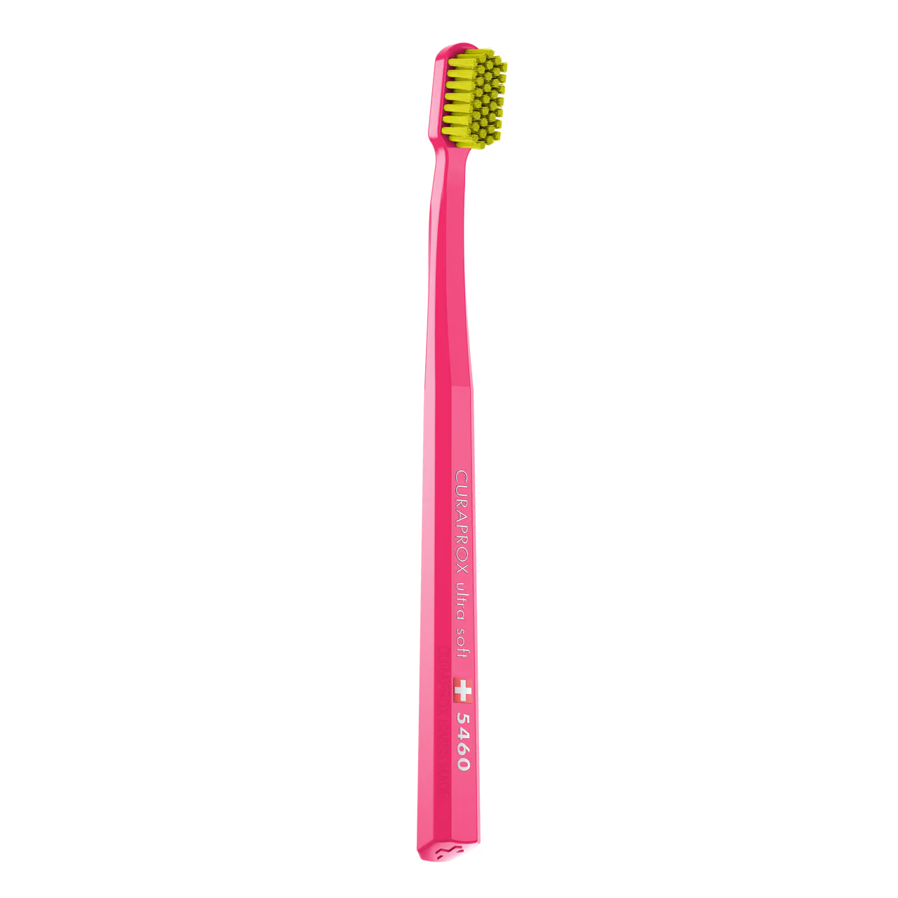 Pink CURAPROX 5460 ultra soft toothbrush with dense light green bristles.