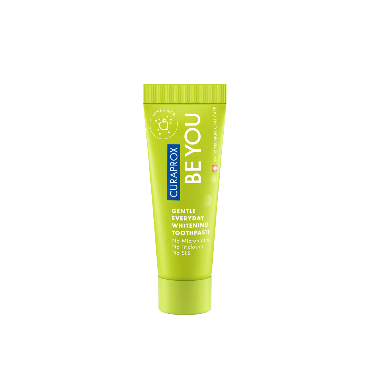 Green tube of Curaprox Be You gentle everyday whitening toothpaste with apple and aloe, labeled no microplastic, triclosan, or SLS.