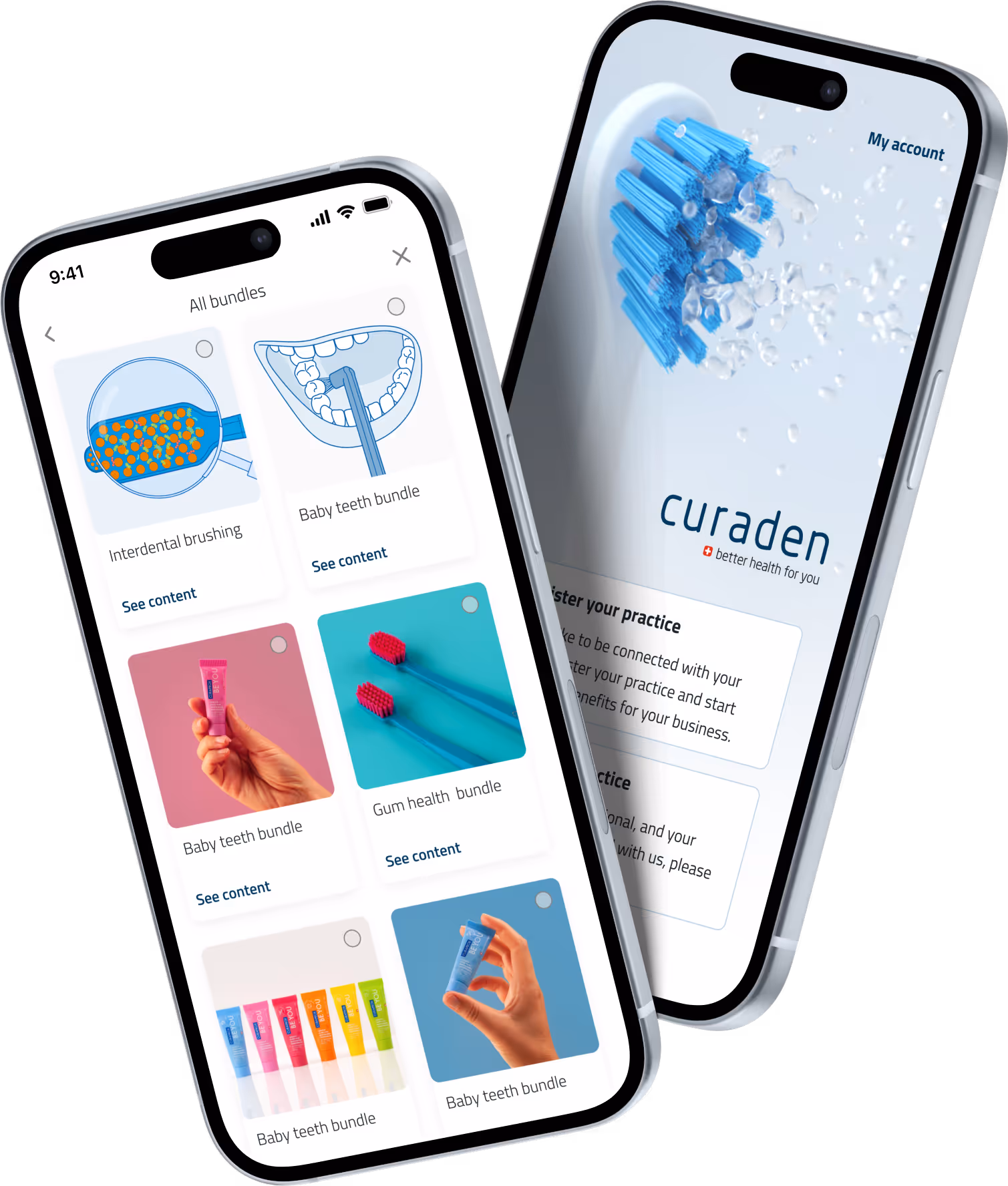Two iPhones displaying a dental health app: one shows product bundles including interdental brushing, baby teeth, and gum health, the other shows a toothbrush head with water droplets and Curaden branding.