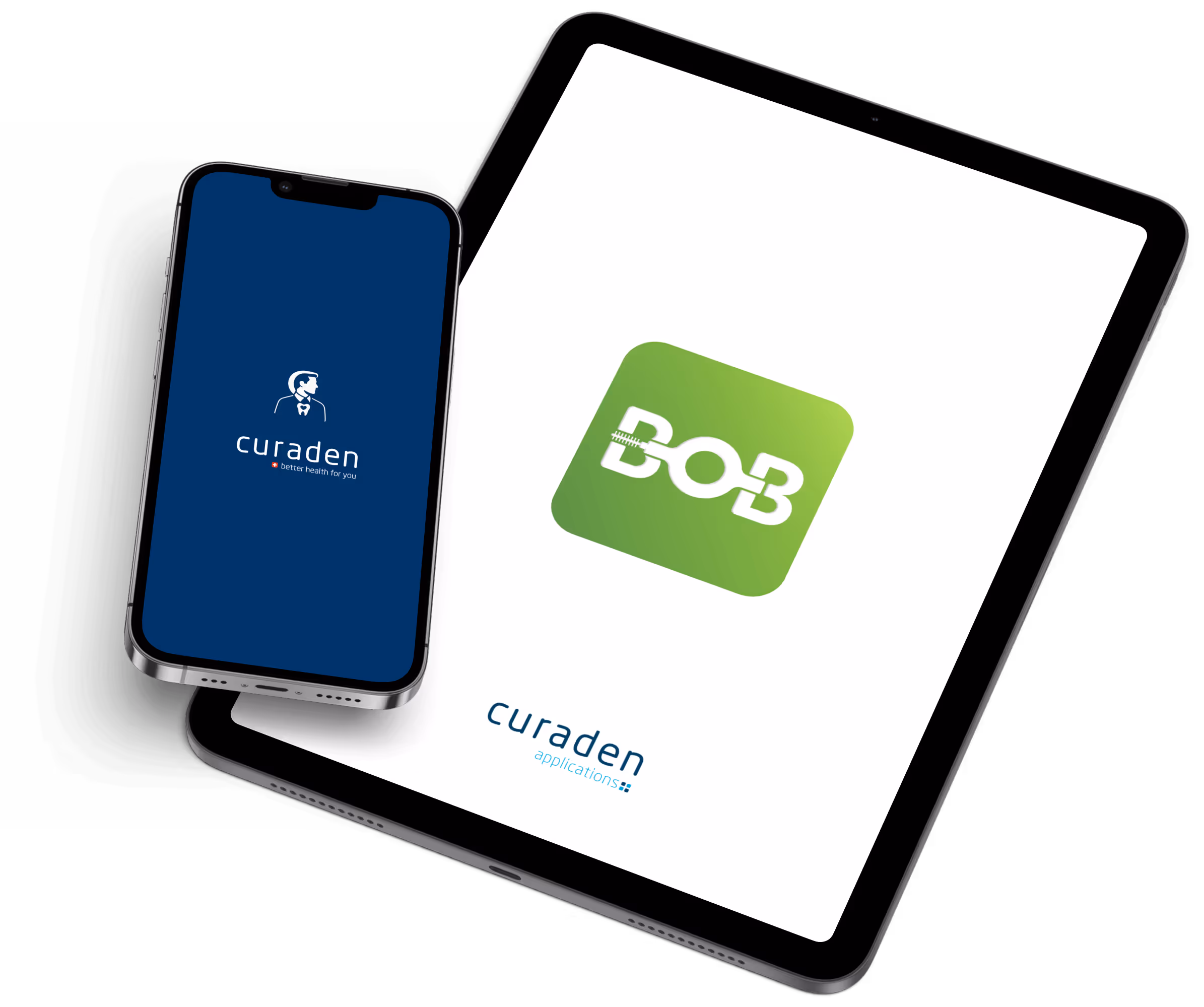 Smartphone displaying Curaden logo with slogan and tablet showing green BOB app logo and Curaden applications text.