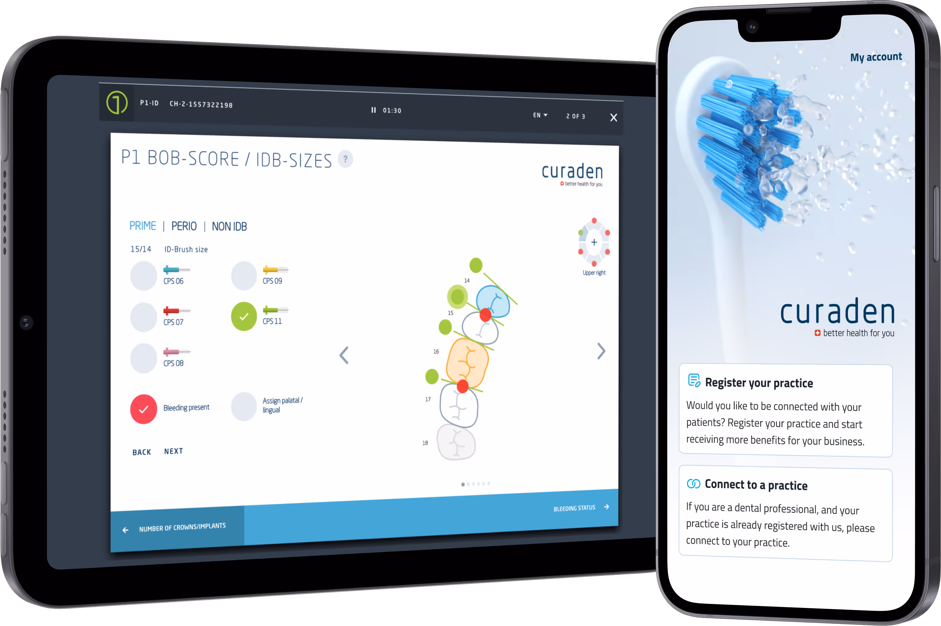 Tablet showing dental IDB-sizes and bleeding status interface, next to a smartphone screen with a toothbrush image and options to register or connect to a dental practice on Curaden app.