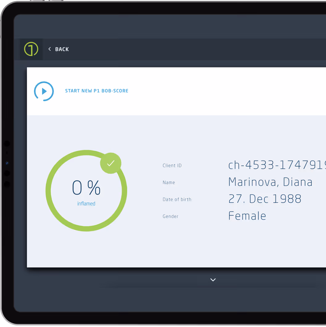 Tablet screen showing patient profile with 0% inflamed score, client ID ch-4533-1747919, name Diana Marinova, birth date December 27, 1988, female.