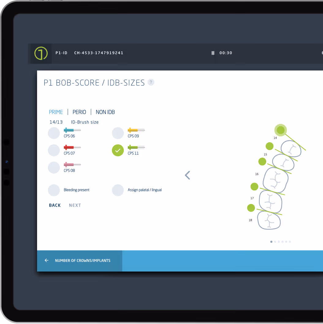Dental interface showing P1 BOB-SCORE and IDB sizes with selectable brush sizes CPS 06, CPS 07, CPS 08, CPS 09, and CPS 11, and a diagram of teeth numbered 14 to 18 on the right.