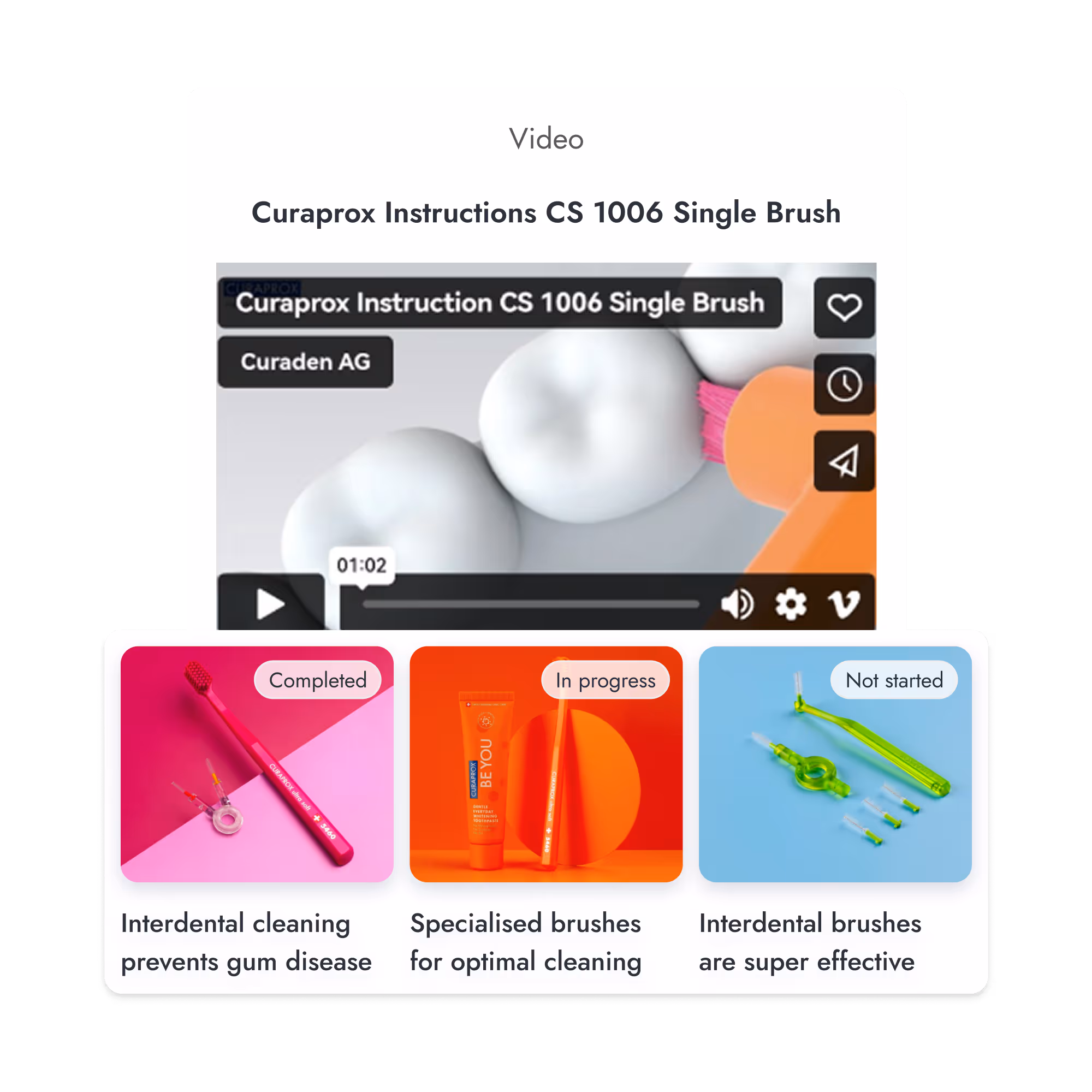 Curaprox video instructions for CS 1006 Single Brush showing brushing of molar teeth, and three progress cards: Completed interdental cleaning with pink toothbrush, in progress specialized brushes with orange toothpaste and brush, and not started green interdental brushes set.