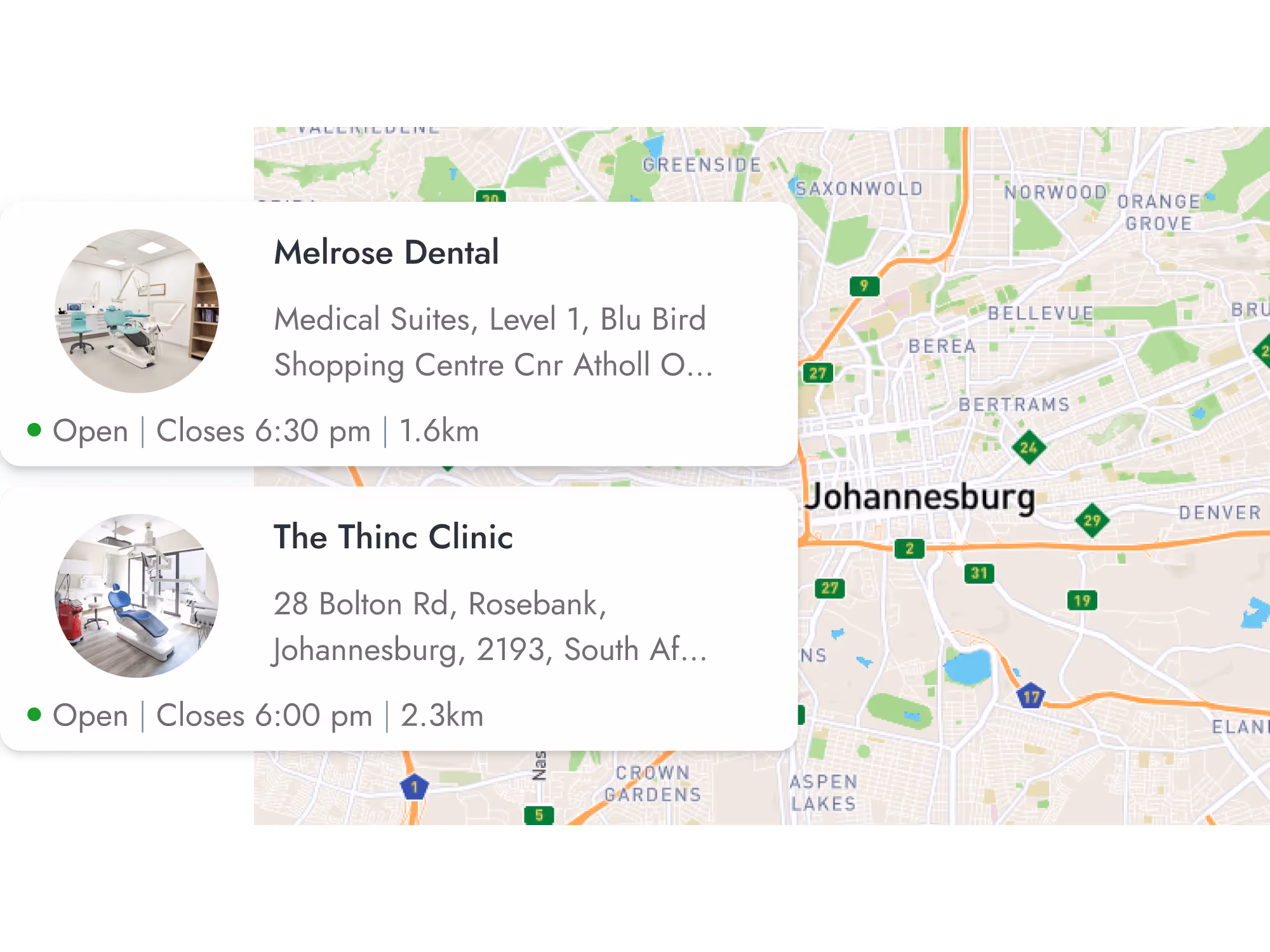 Map of Johannesburg showing two dental clinics: Melrose Dental open until 6:30 pm, 1.6 km away, and The Thinc Clinic open until 6:00 pm, 2.3 km away.