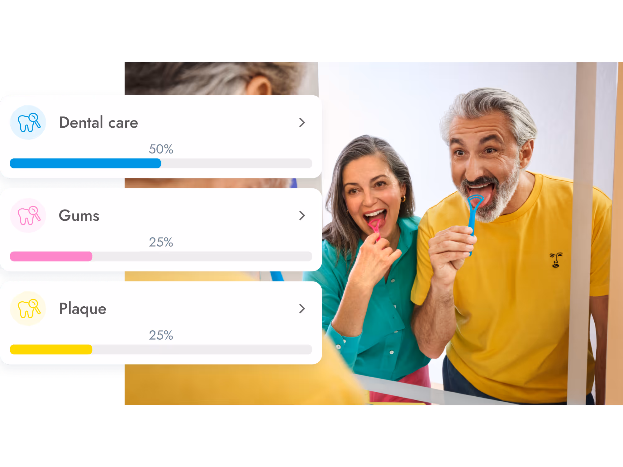 Middle-aged couple looking in the mirror flossing their teeth with plastic floss picks, alongside a dental care progress chart showing 50% dental care, 25% gums, and 25% plaque.